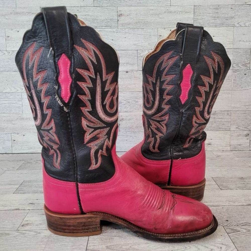 Women's Lucchese 2000 Western Pink Black Leather Rodeo Cowboy Boots Size 7 B - Picture 6 of 9